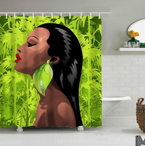 Art Design Graffiti Art Hip Hop African Girl with Black Hair Big Earring with Modern Building Shower Curtain for Bathroom Decor