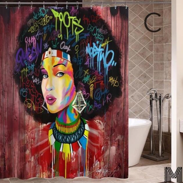 Art Design Graffiti Art Hip Hop African Girl with Black Hair Big Earring with Modern Building Shower Curtain for Bathroom Decor